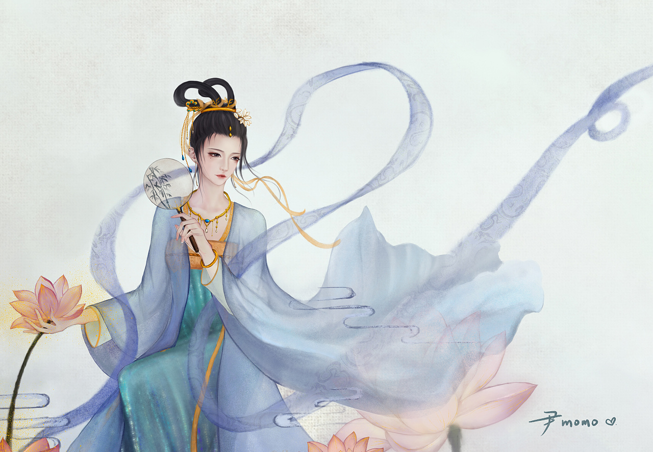 原创古风插画荷花池中的仙女