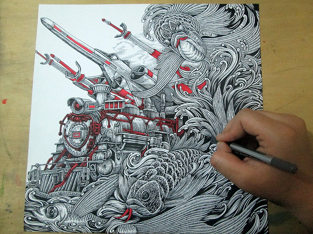 《飞鱼&火车头》 装饰画 手绘过程(图ZMTU3MzcwOTI=) - 绘画 - 站酷设计师傅淳强画者之旅原创素材 - 站酷ZCOOL