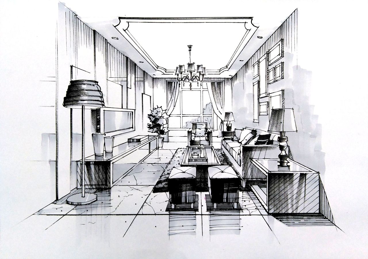 客厅空间一点透视黑白效果绘制步骤图。|空间|家装设计|一叶手绘 - 原创作品 - 站酷 (ZCOOL)