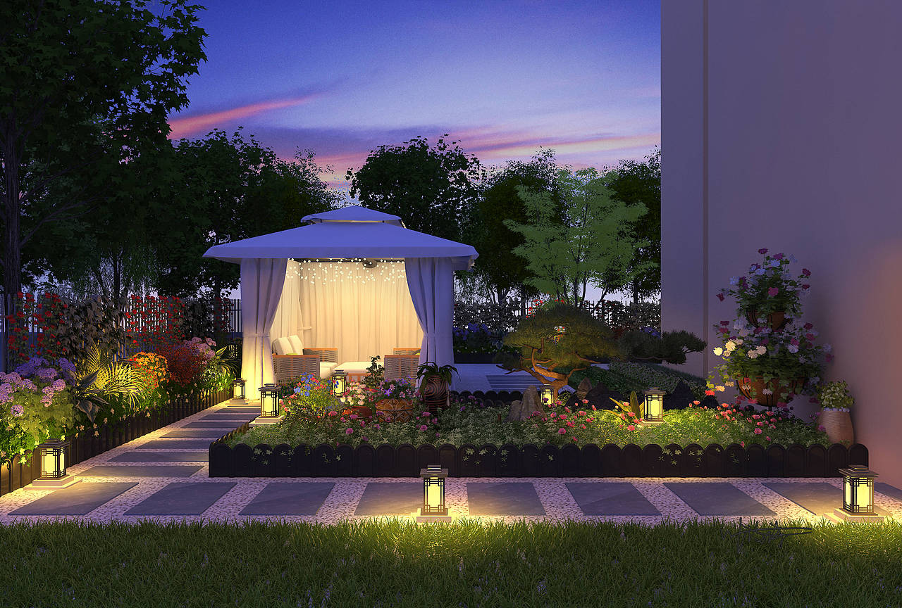 室外庭院夜景鸟瞰