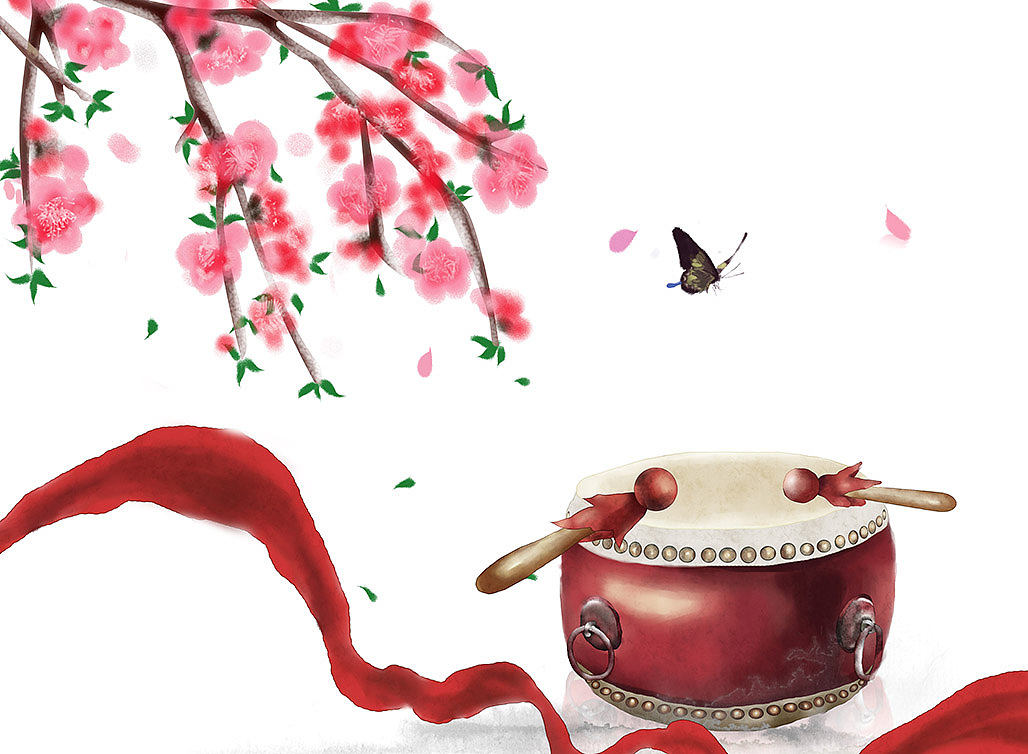 古风手绘《民乐与四季》琵琶阮竖琴编钟笙笛子古筝埙鼓|插画|商业插画