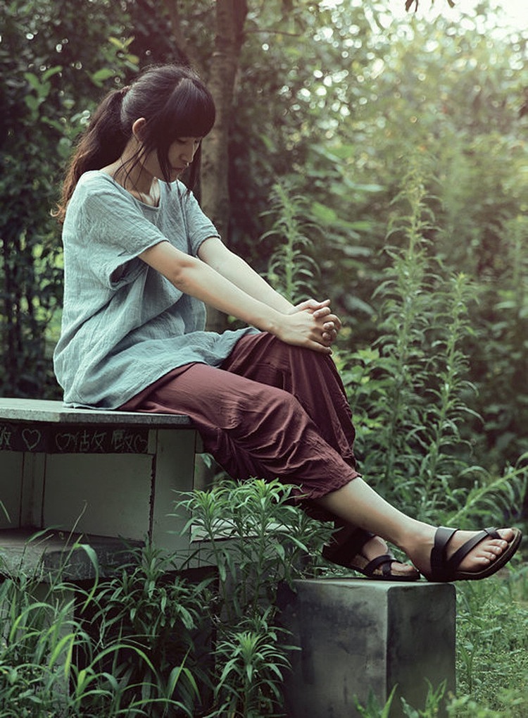 【向日葵记忆】原创设计文艺复古 微透的短袖稀疏亚麻上衣 光阴的故事