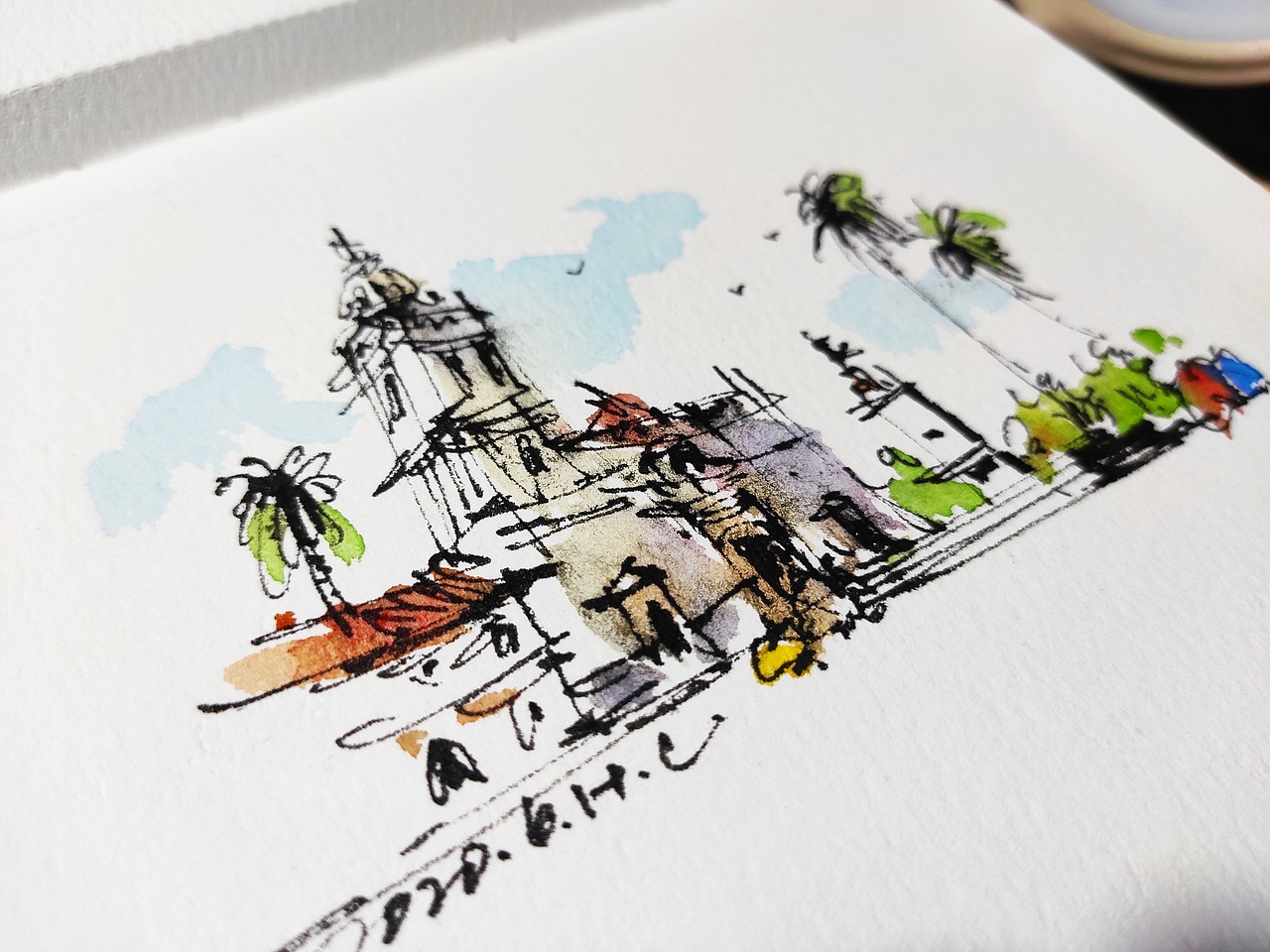 钢笔淡彩建筑风景速写