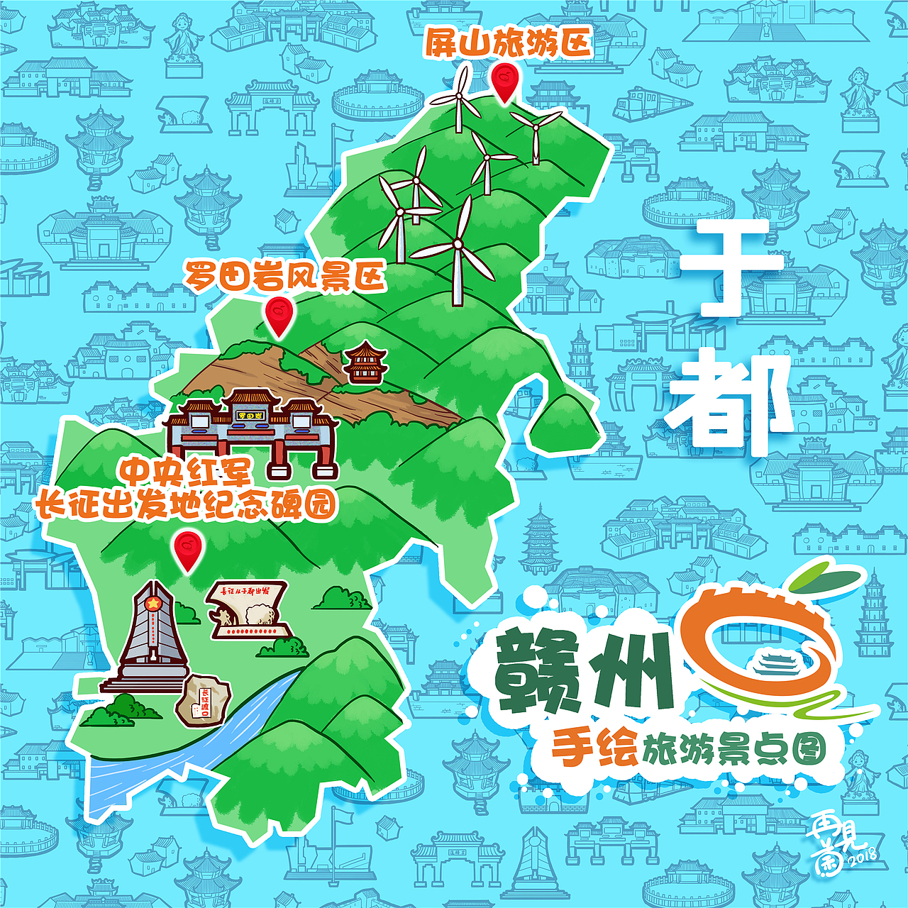 赣州手绘旅游景点图