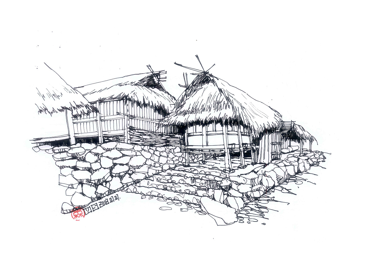 翁丁村 佤族建筑线稿翁丁村 佤族群落线稿翁丁村 佤族建筑线稿