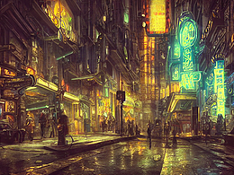 #AI創(chuàng)作實驗室#蒸汽朋克世界，街景，霓虹燈