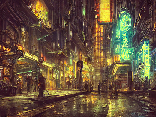 #AI创作实验室#蒸汽朋克世界,街景,霓虹灯