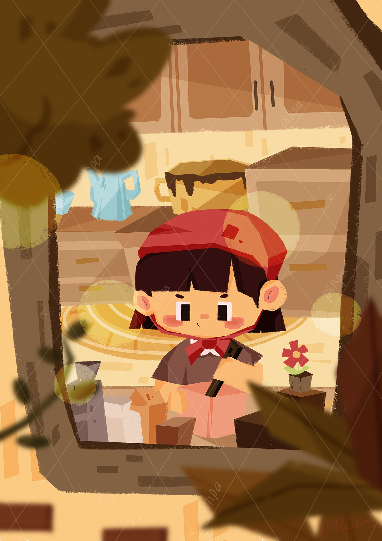 采了慢慢一箩筐的食材,
小小厨娘立刻跑去了厨房去做今天的美食了。蘑菇派、蘑菇汤等等<br>天哪，今天是蘑菇宴哇!