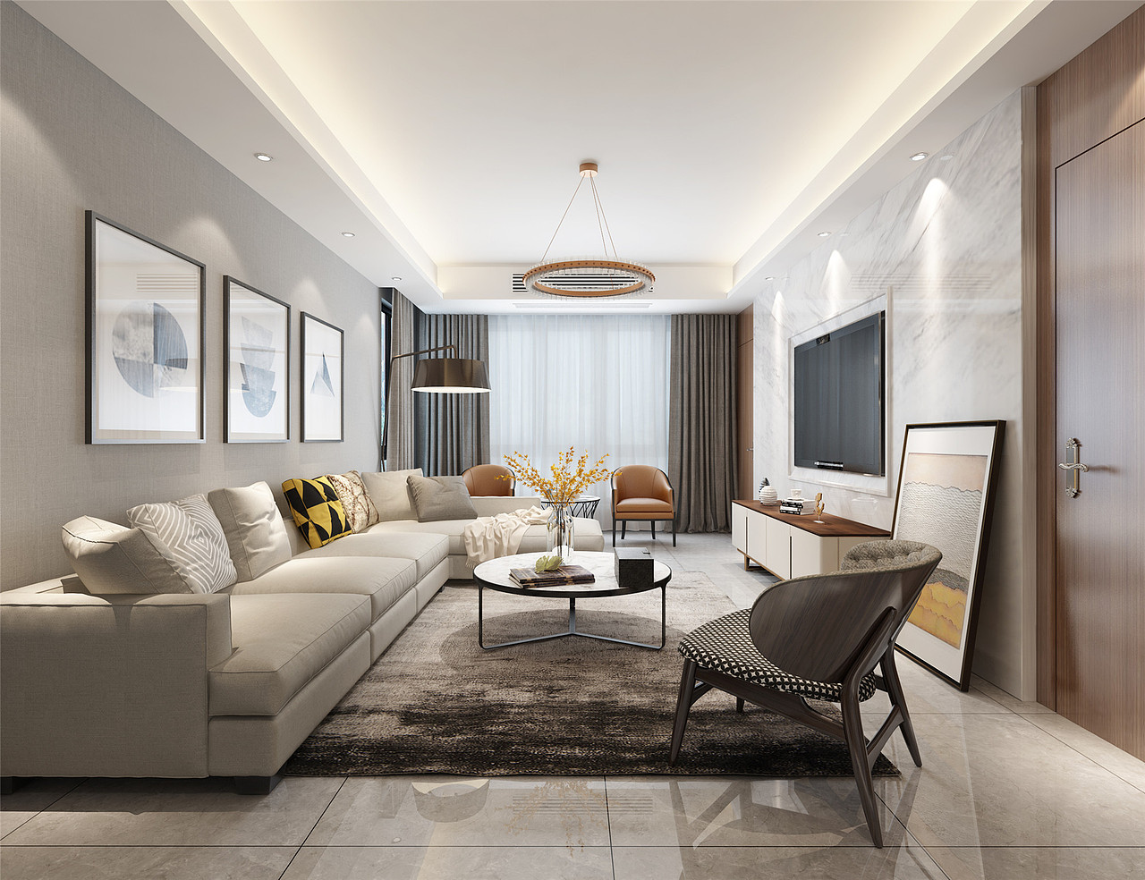 现代轻奢风格客餐厅|空间|家装设计|1992效果图小可_原创作品-站酷