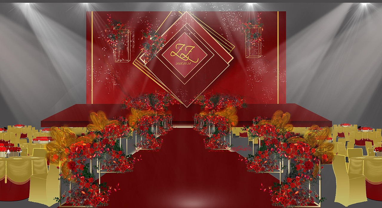 红金色婚礼设计舞台设计留影区设计