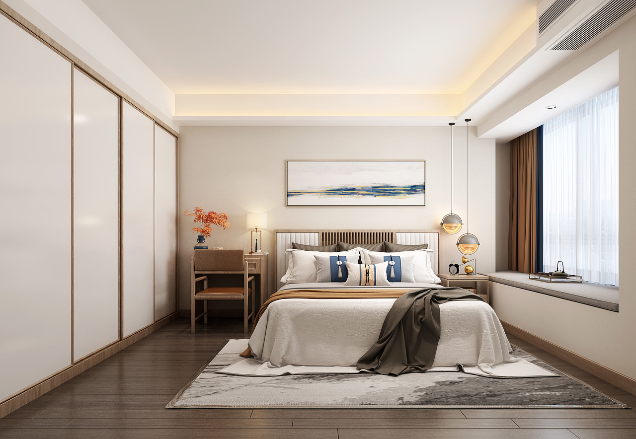 新中式简约型卧室室内设计效果图高清图片下载-正版图片500693664-摄图网