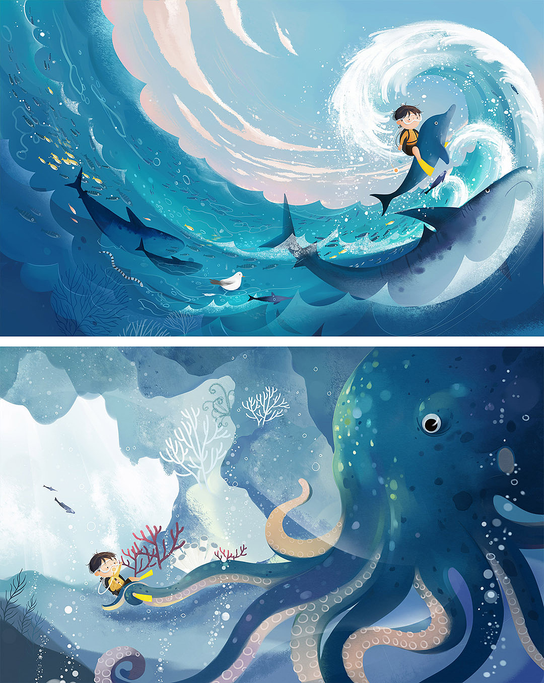 世界海洋日清新藍色插畫海底的女孩和潜水艇, 海洋日, 海洋, 海底插畫素材，桌布背景免費下載 - 免版稅
