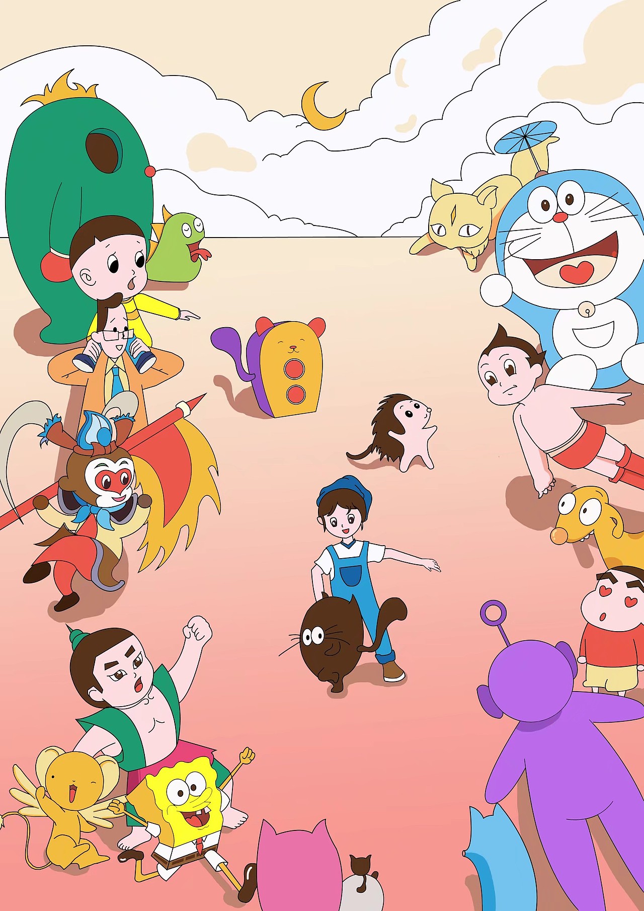 在森林的尽头有人在开篝火晚会,有好多动画人物、哆啦A梦、葫芦娃、蜡笔小新……真的是让我太惊讶了。