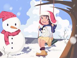 《雪地女孩荡秋千》