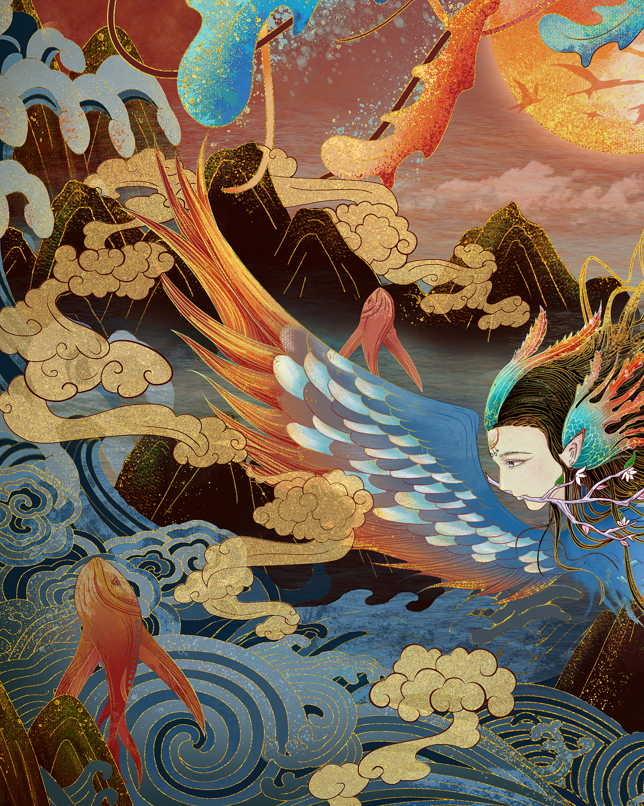 原创国风商业插画中国神话故事系列——精卫填海