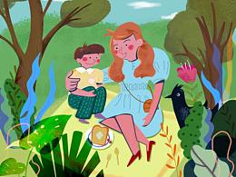 母子兒童插畫 扁平 噪點