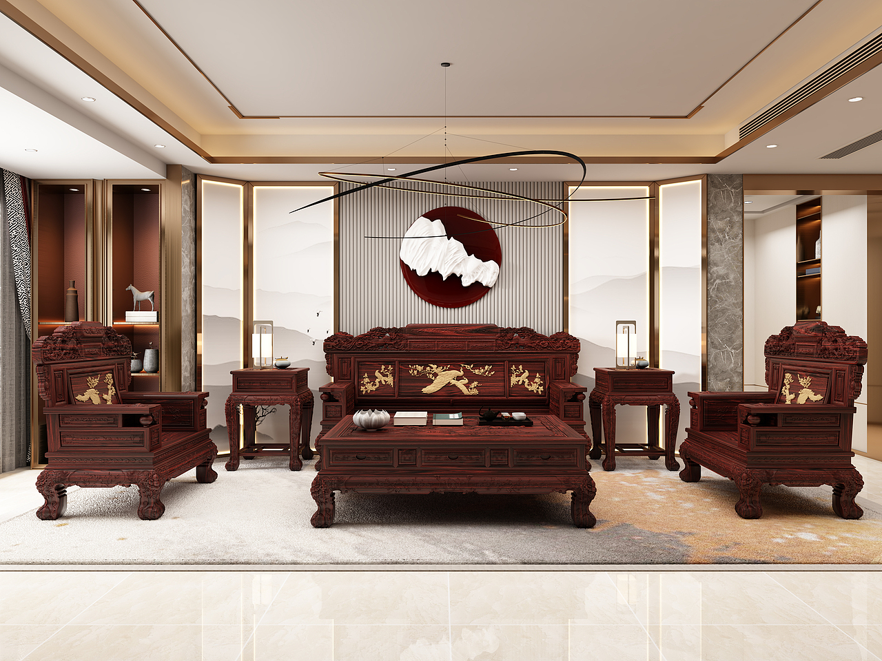 红木古典沙发建模、效果图表现