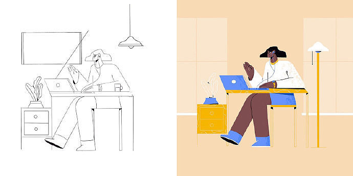 扁平风插画线稿和配色