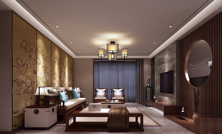 永恒理想世界装修效果图150平新中式风格三室两厅设计--客厅全景