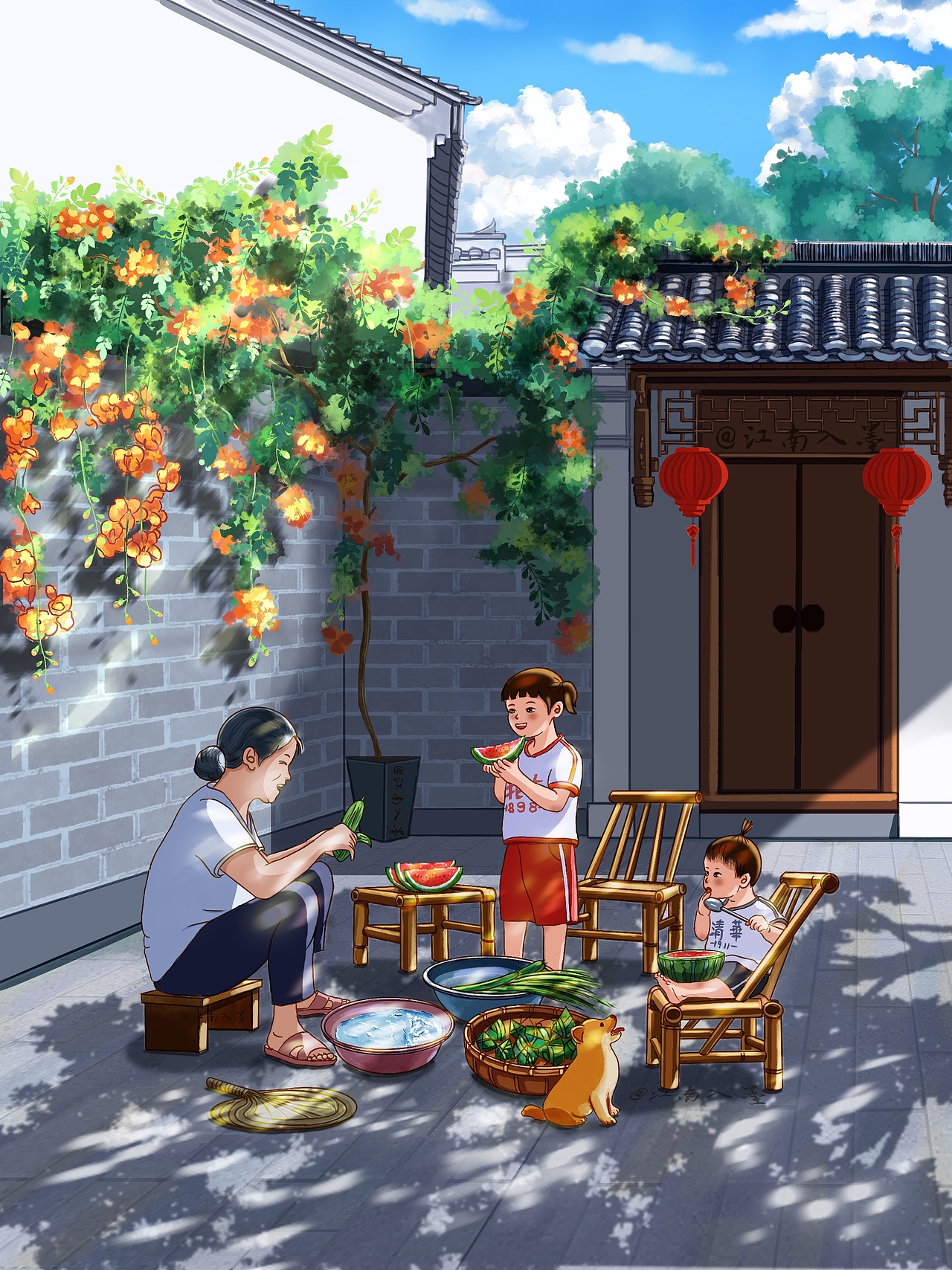 端午节插画——包粽子