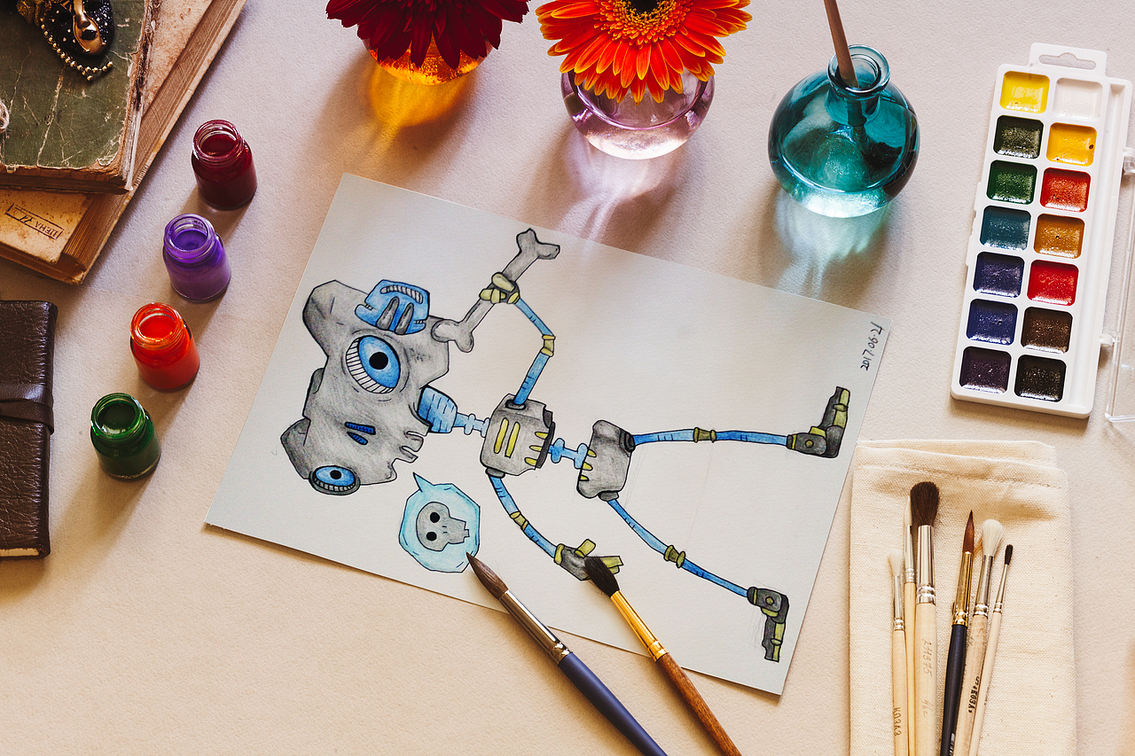 彩铅手绘小机器人系列插画可爱机械朋克风