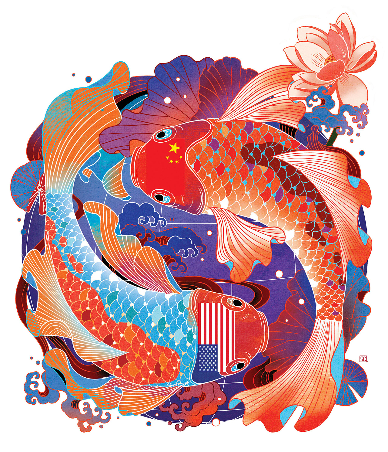 2019年 新年 錦鯉 太極圖案, 橘紅, 中國紅, 中國風素材圖案，PSD和PNG圖片免費下載
