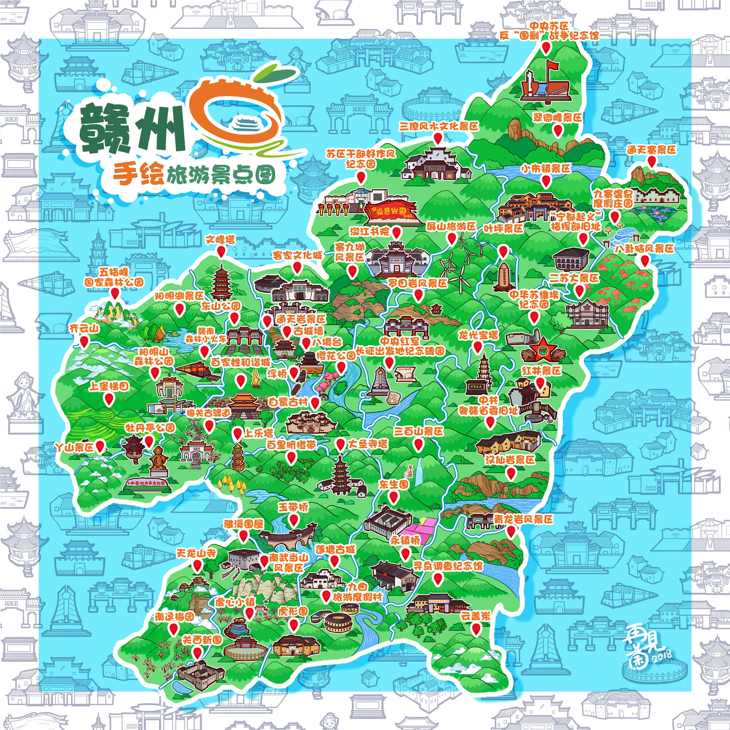 赣州手绘旅游景点图