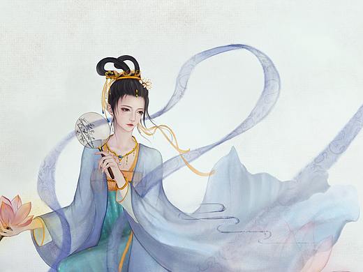 原创古风插画-荷花池中的仙女