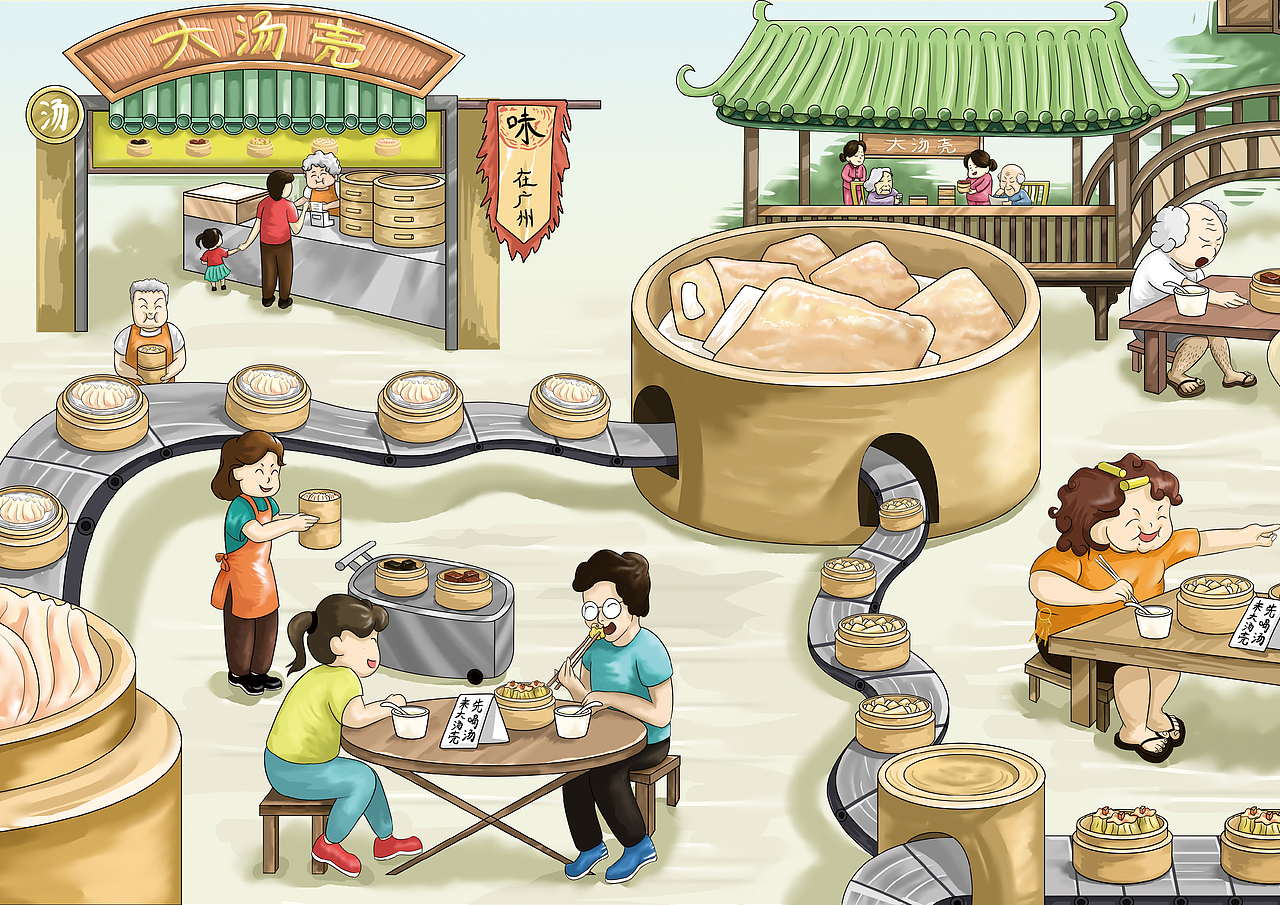 靓汤点心专门店广式早点品牌插画