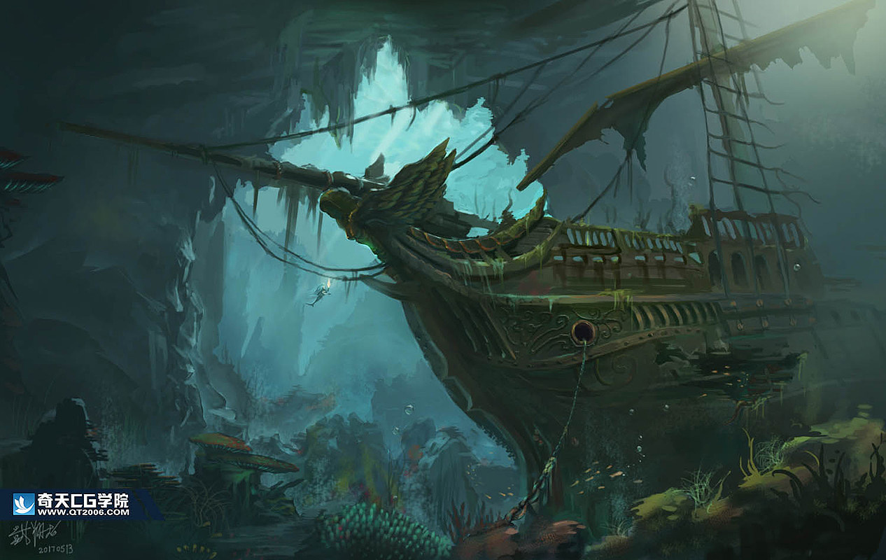 游戏场景原画沉船遗迹