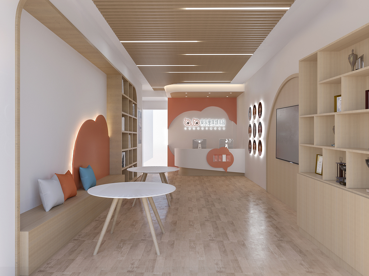 前台接待室一个重要的活动区域,没有阻隔的活动空间,前台接待区域是