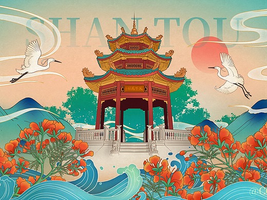 国风插画练习-汕头小公园