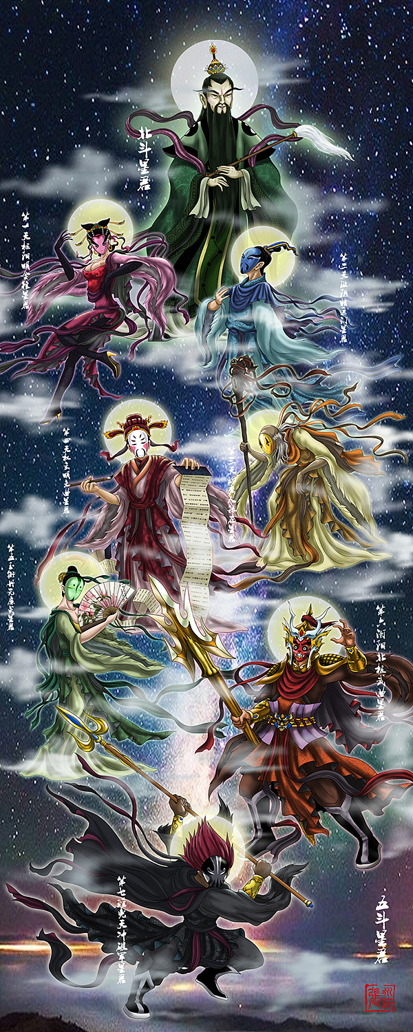 第三天玑真人禄存星君,第四天权玄明文曲星君,第五玉衡丹元廉贞星君