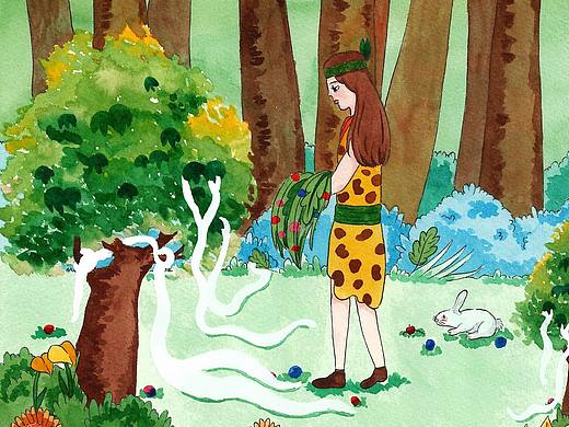 嫘祖养蚕传说水彩插画