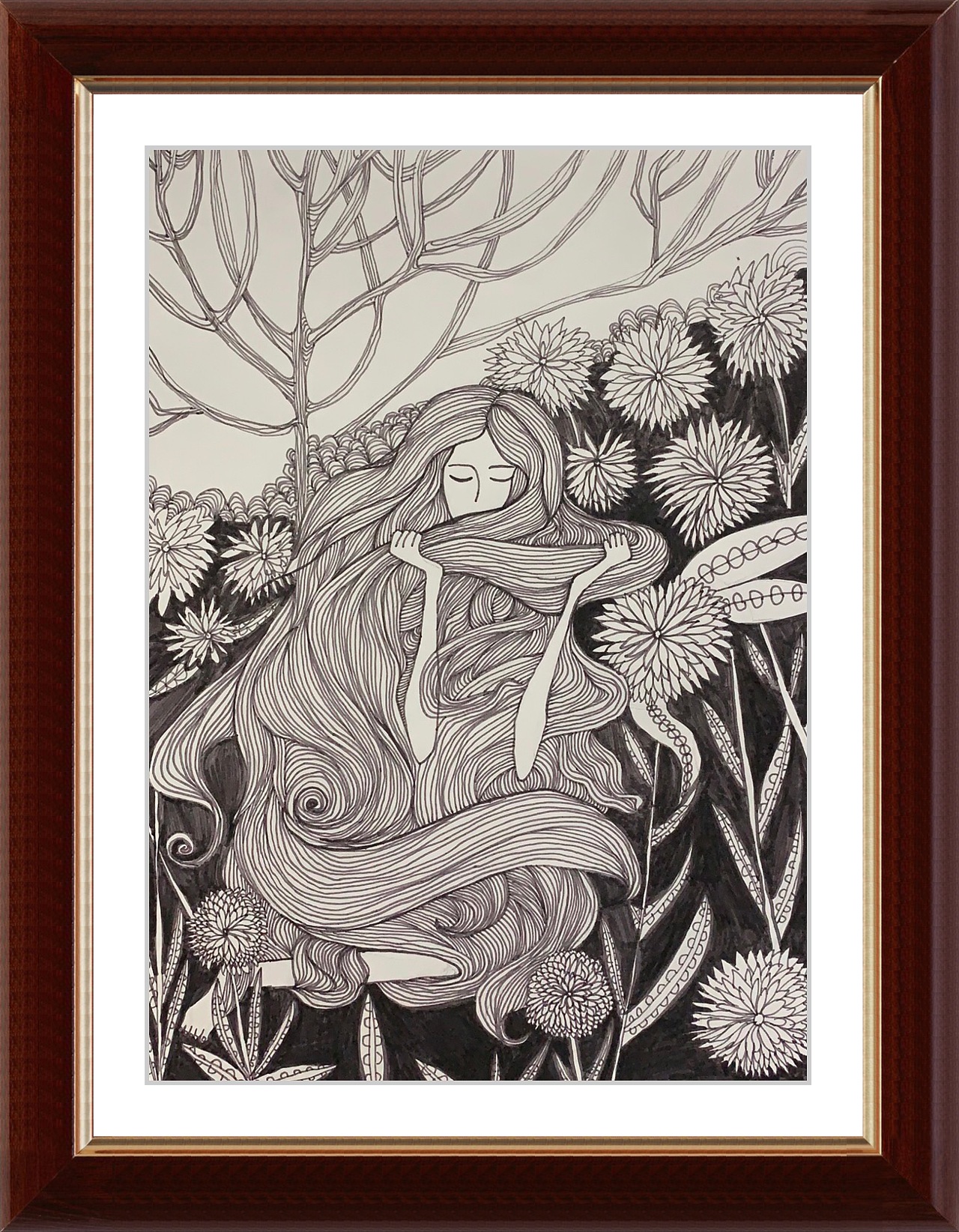 长发飘飘黑白线描,画的手都疼了|插画|艺术插画|王玲玲00 - 临摹作品