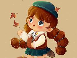 秋天Q版女孩壁紙插畫-天涼好個秋