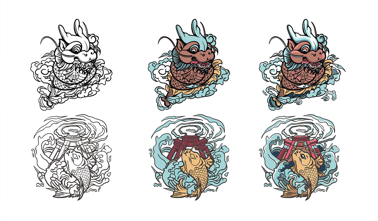 洛阳龙门石窟文创鱼化龙插画系列溯流而上