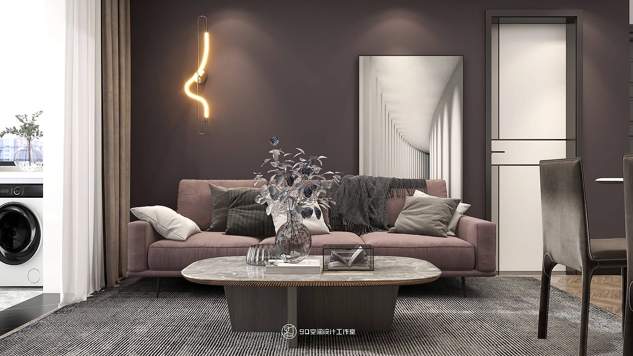 北欧风的温馨小家中,在客厅深色背景墙上布置几何曲