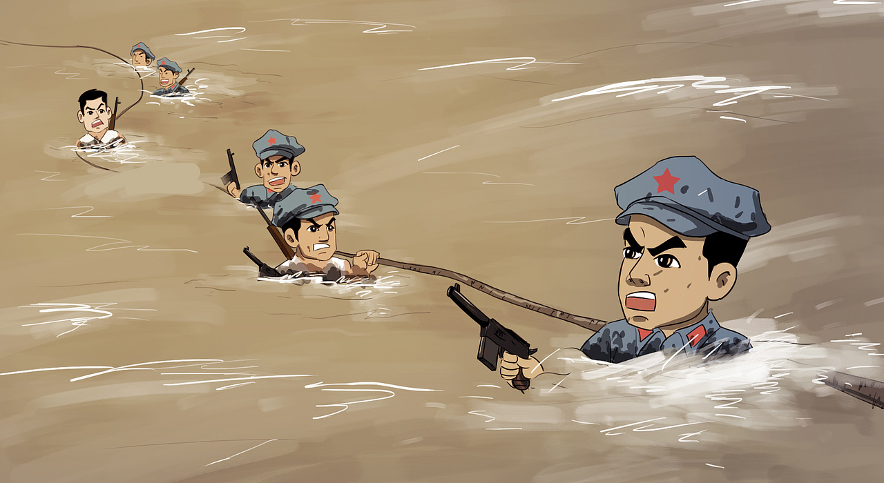 2、密云微雨,冷风冰水,决定在2日进行强渡。第一批八个英勇战士,赤着身子,每人携带驳壳枪一枝,“扑通”一声跃入江中。在那冰冷的水里,游水极感困难,但在强烈的火力掩护下,十几分钟后,无一伤亡,到达彼岸,隐蔽在敌警戒线之石崖下。但交由他们游水时拉过去的准备架桥的一条粗草绳却因水宽流急以及身受寒冷刺激已无力气,无法拉得过去。