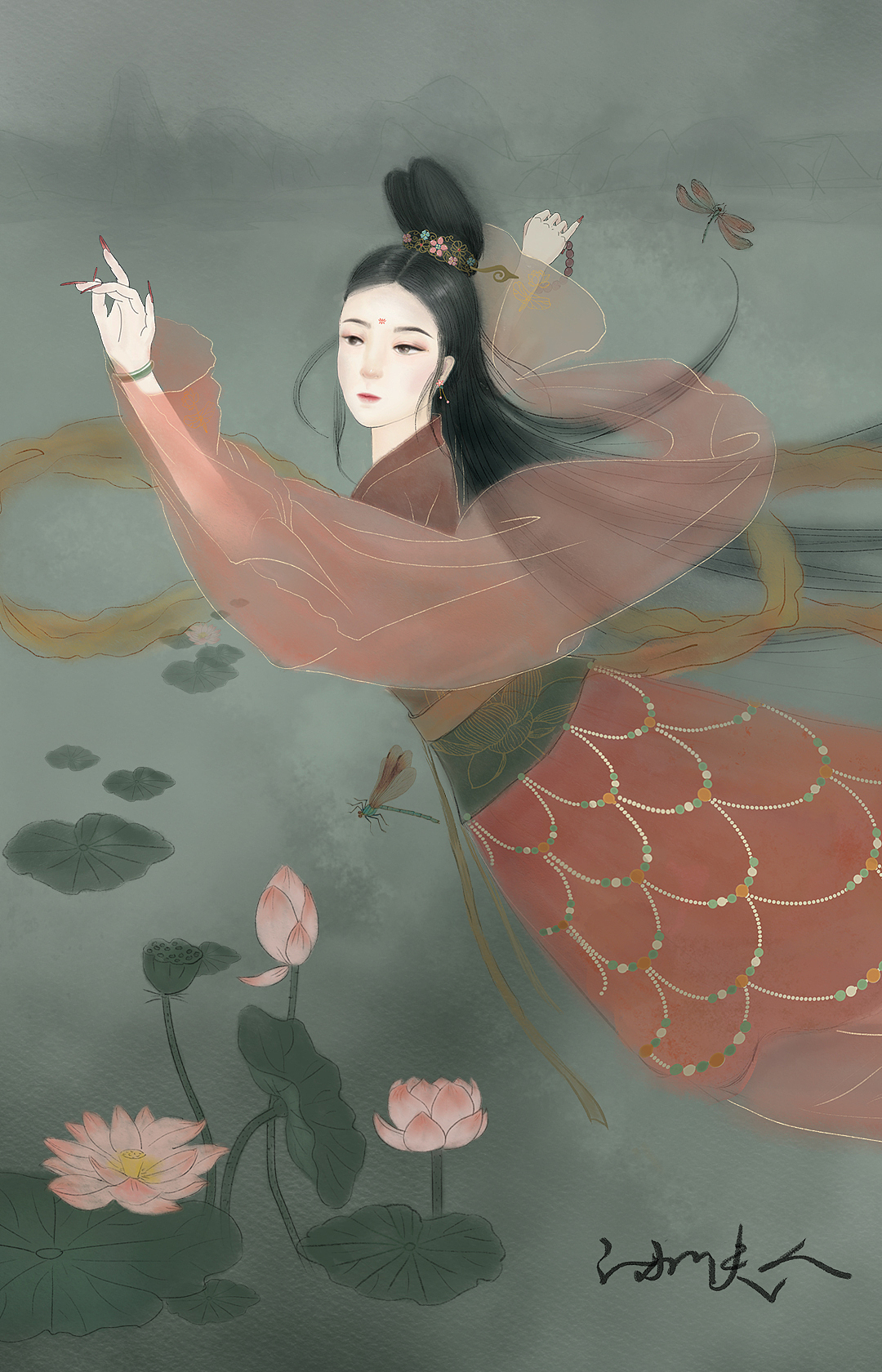 国风插画创作——湘夫人（图ZMTg0MjU3MzYw） - 创作习作 - 站酷设计师大脸猫lily原创素材 - 站酷ZCOOL