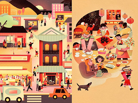 新年插画 新年团圆场景和节日气息的街道