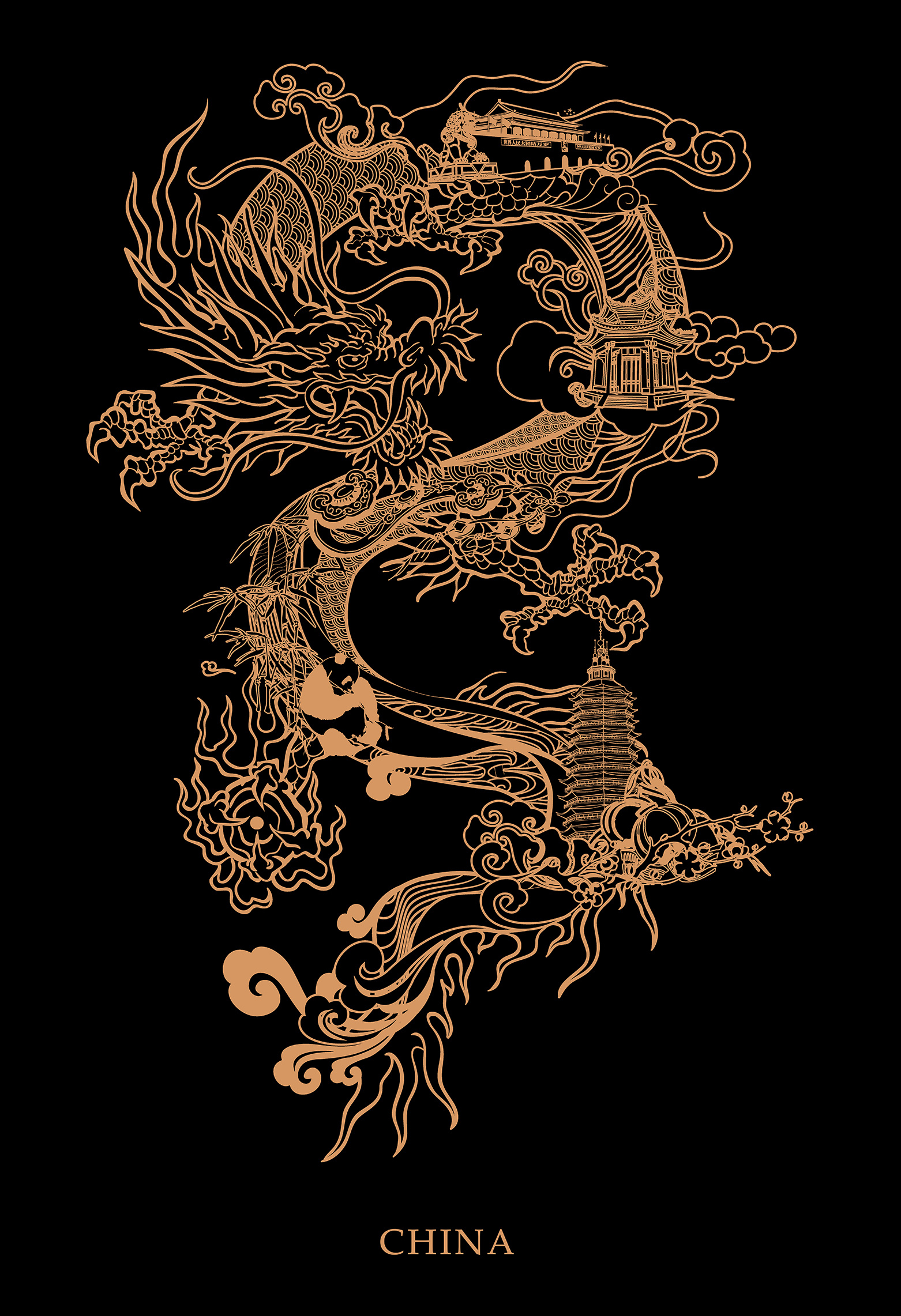 现代中国风 禅意水墨线描中国画cg插画,标志手绘ps画设计