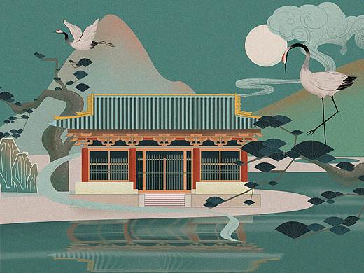 建筑插画-春景古建