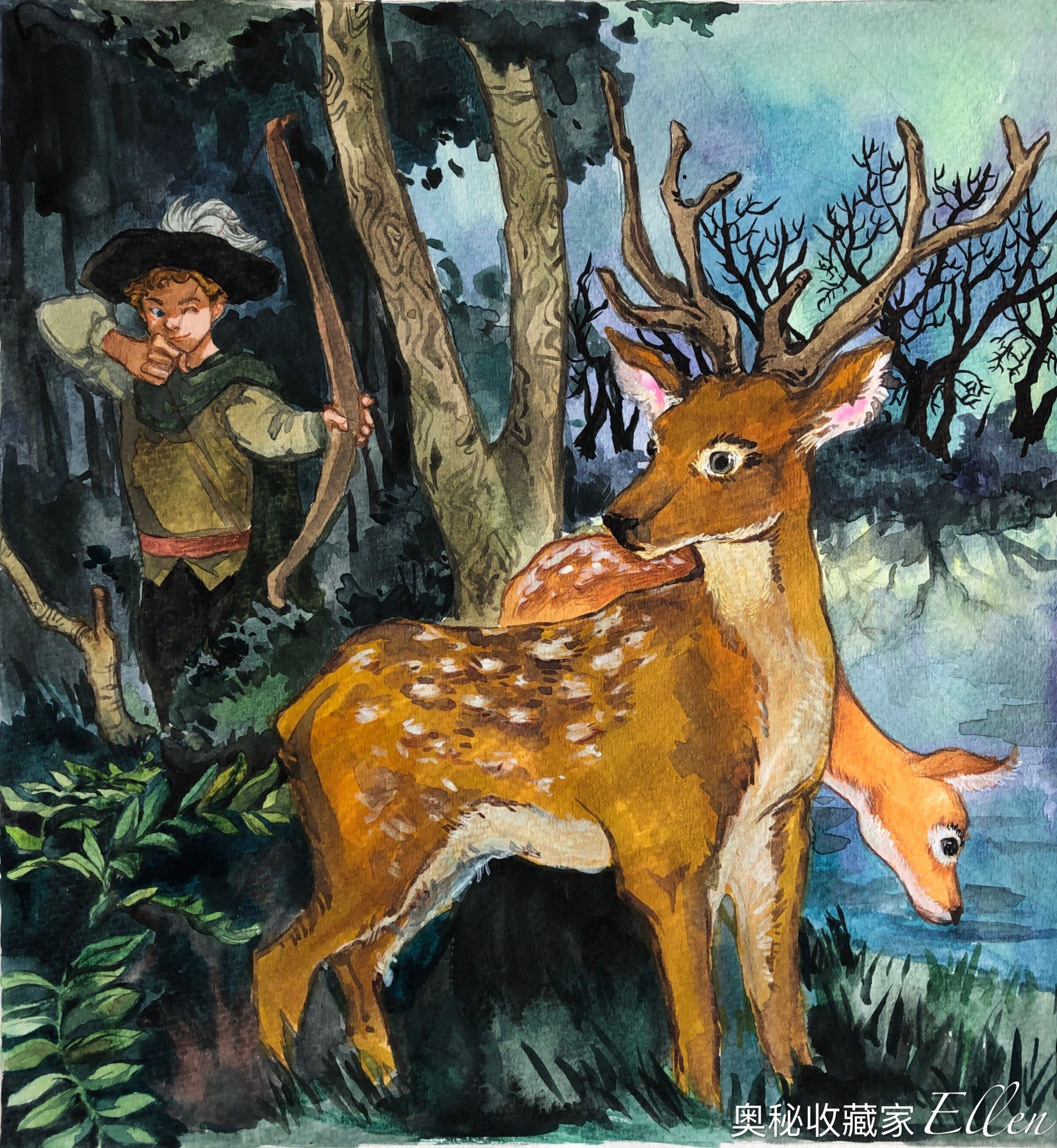 水彩插画-格林童话之池中水妖