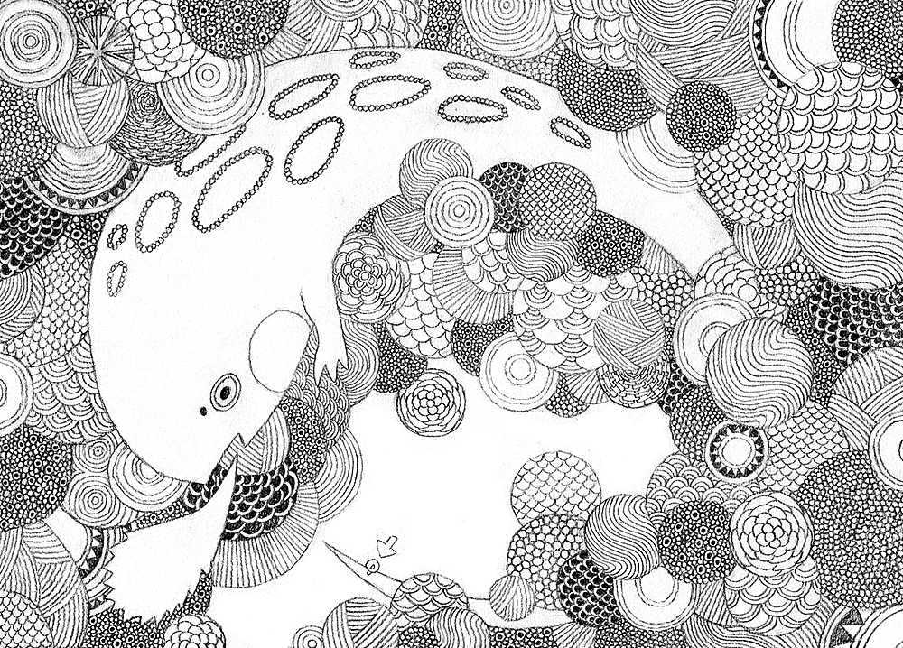 “喔——”
<br>谁的吼声？<br>地面怎么动了？<br><br>爱丽脚下一软<br>有什么东西迅速的滑走了<br>四处张望却除了无尽的树木植被再也看不到其它<br><br>未知的恐惧让爱丽一下子失去了玩乐的心情<br>她背着声音的方向奔跑逃离<br>耳边掠过的树叶沙沙作响<br>刻意提醒爱丽似的<br><br>这里可不是你的家