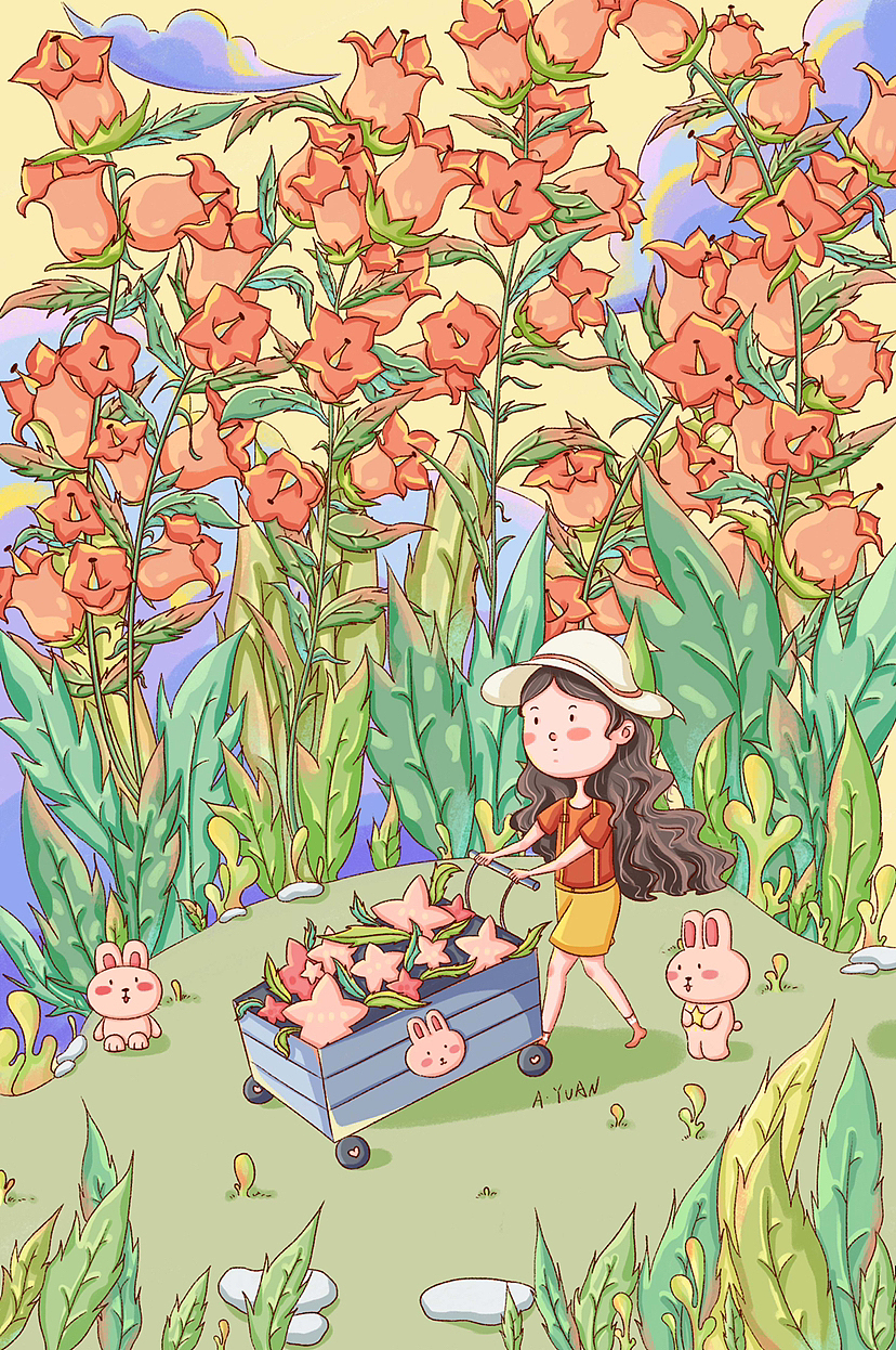 原创插画｜治愈系场景｜风铃花少女兔兔（图ZMzMwMTI1NDMy） - 商业插画 - 站酷设计师画画的阿圆圆原创素材 - 站酷ZCOOL