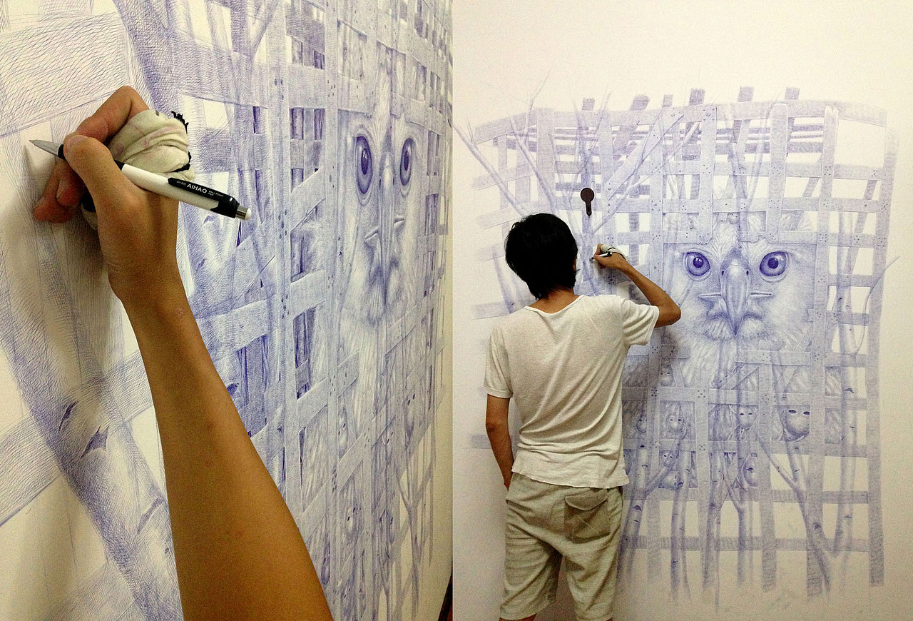 用圆珠笔 画一面墙【笼子里的雏鹰--文抑】（图ZMzIwMzEyNTY=） - 绘画 - 站酷设计师文抑原创素材 - 站酷ZCOOL