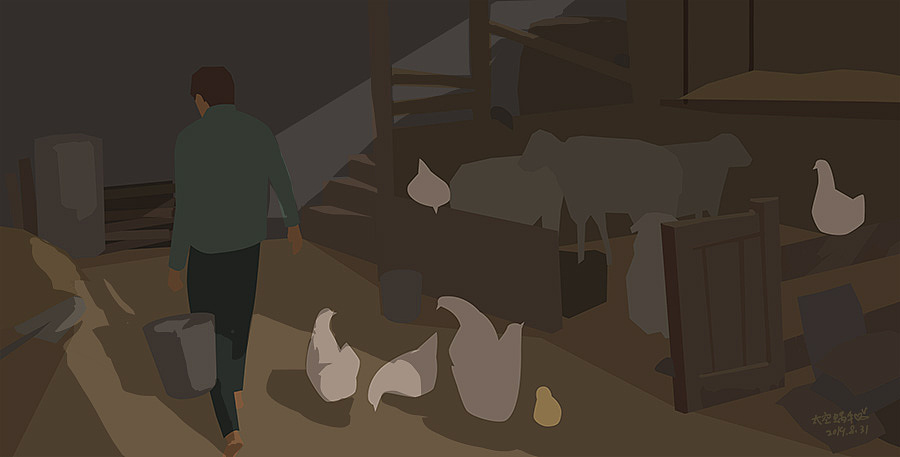 选了一个光打上感觉好了一点,但问题仍未解决,依然是平淡缺少色彩,不急先把画面已有的内容都画完再看。