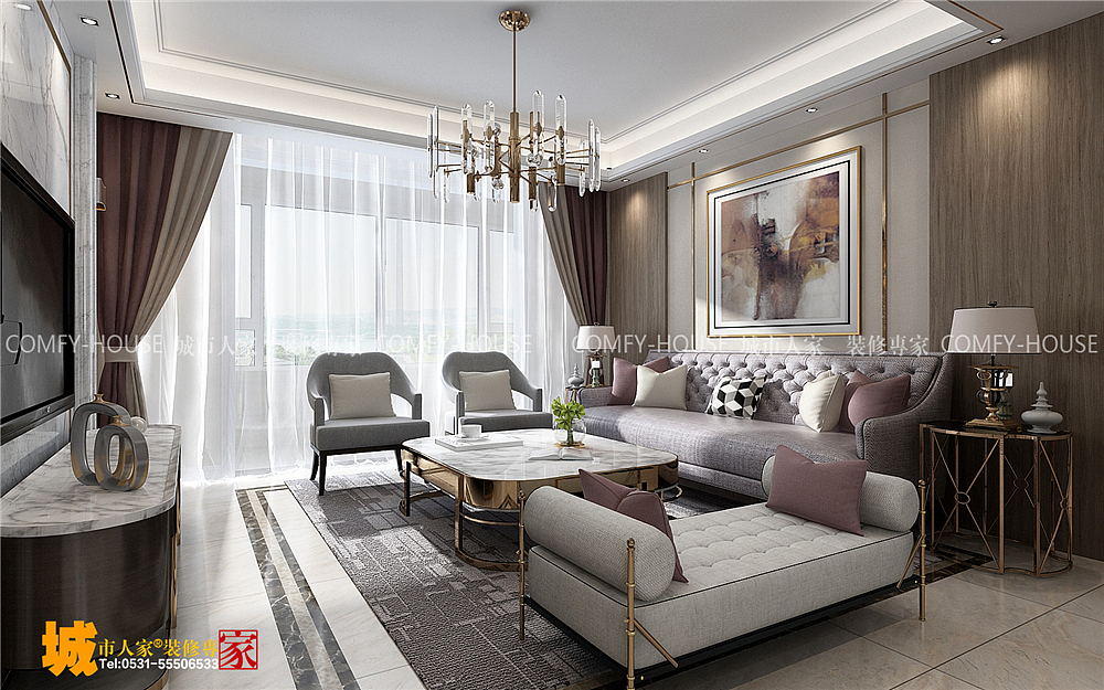 鲁能泰山七号现代轻奢风格三室两厅装修效果图