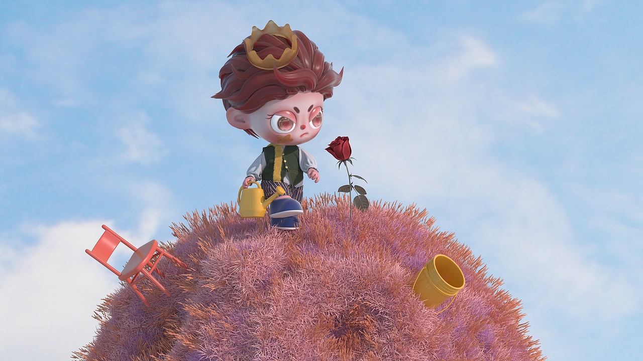 有一天,小王子小小的星球上出现了一朵漂亮的玫瑰花,她是那么美,是世间独一无二的玫瑰花。小王子每天为玫瑰浇水,除虫。